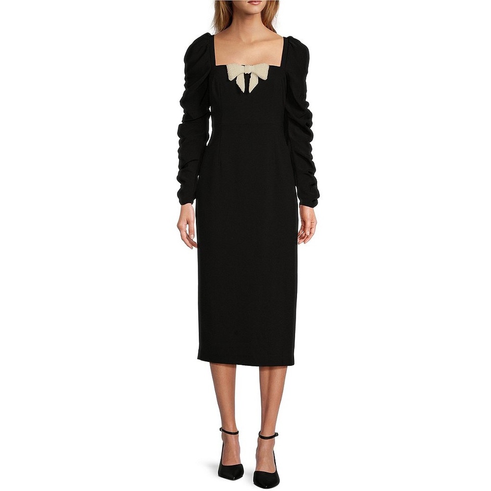 NWT Antonio Melani Elena Crepe Square Neck Long Ruched Sleeve Pearl Bow Dress